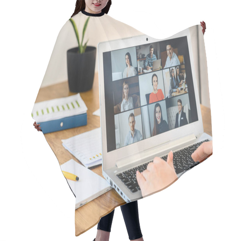 Personality  Woman Is Using App On Laptop For Video Connect Hair Cutting Cape