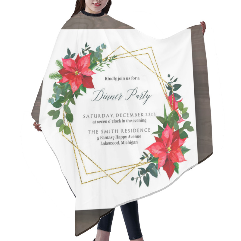 Personality  Red Poinsettia Flowers, Christmas Greenery, Mix Of Seasonal Plants Vector Design Frame Hair Cutting Cape