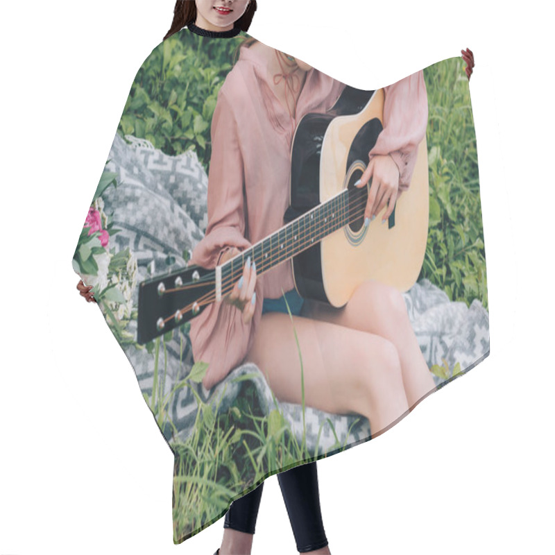 Personality  Cropped Shot Fo Woman With Acoustic Guitar Resting On Blanket With Bouquet Of Flowers In Park Hair Cutting Cape