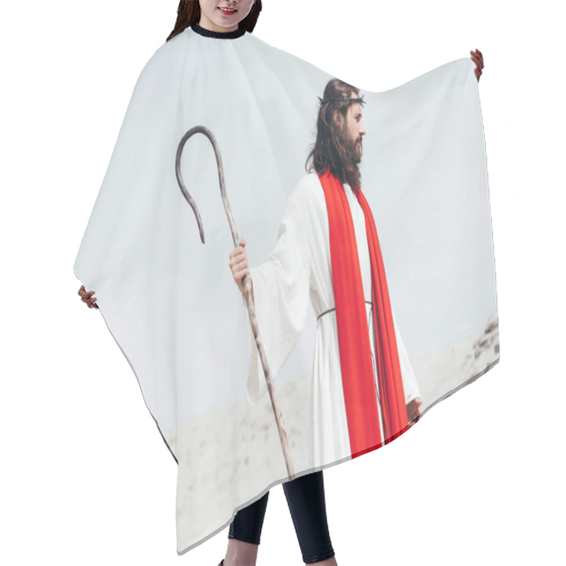 Personality  Side View Of Jesus In Robe, Red Sash And Crown Of Thorns Standing With Wooden Staff In Desert Hair Cutting Cape