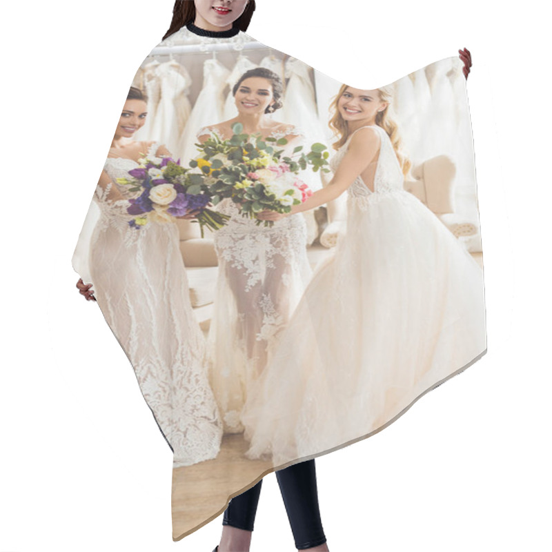 Personality  Happy Women In Wedding Dresses With Flowers In Wedding Salon Hair Cutting Cape