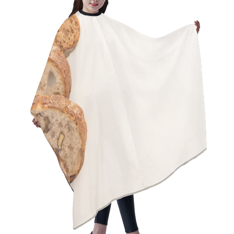 Personality  Top View Of Fresh Whole Wheat Bread Slices On White Background With Copy Space Hair Cutting Cape