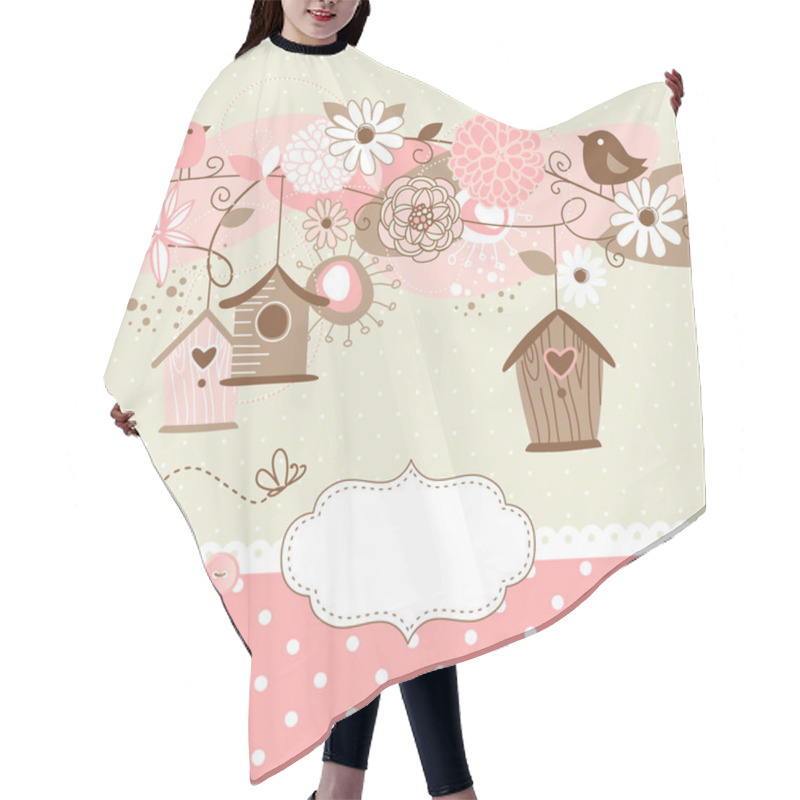 Personality  Spring Background With Bird Houses, Birds And Flowers Hair Cutting Cape