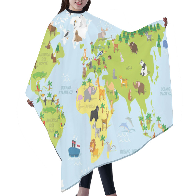 Personality  Funny Cartoon World Map In Spanish With Traditional Animals Of All The Continents And Oceans. Vector Illustration For Preschool Education And Kids Design Hair Cutting Cape