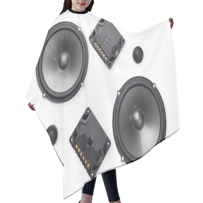 Personality  Car Audio, Car Speakers, Subwoofer And Accessories For Tuning. Top View. Isolated White Background Hair Cutting Cape