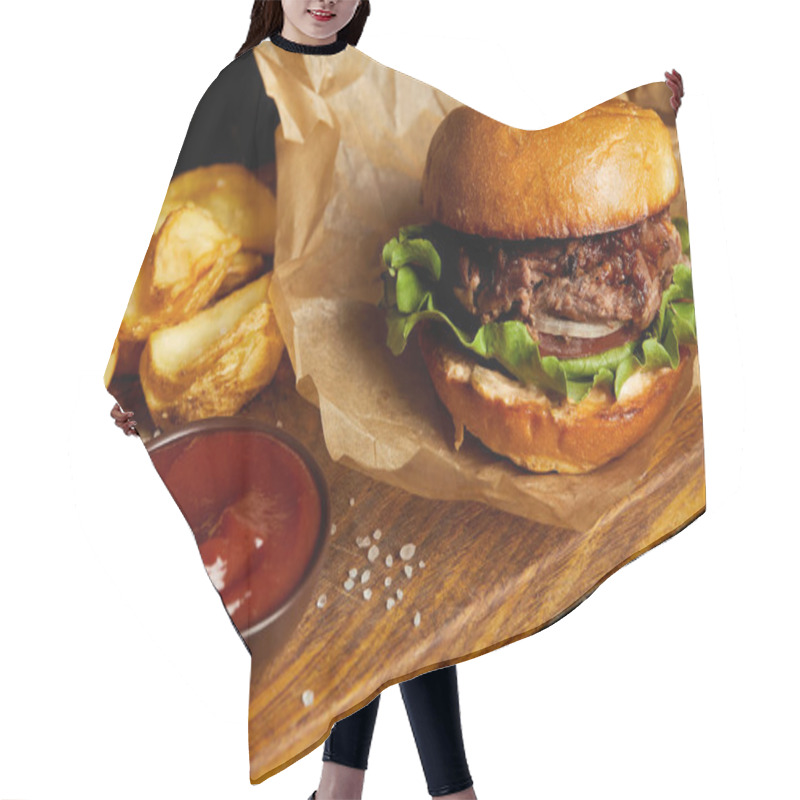 Personality  Hamburger And French Fries Served On Wooden Board With Sauce Hair Cutting Cape