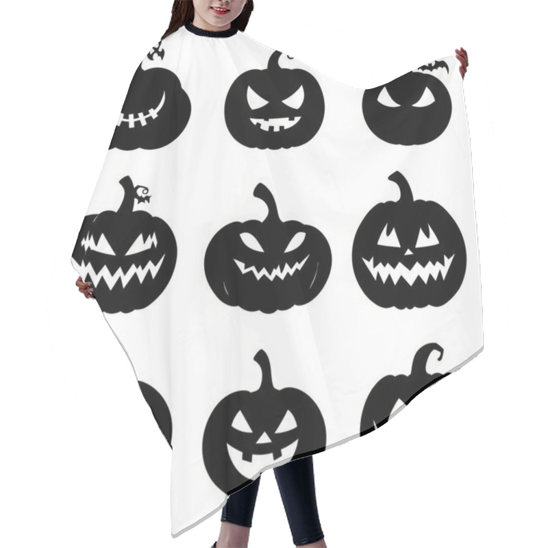 Personality  A Collection Of Spooky Halloween Pumpkins Showcasing Various Mischievous Expressions. Hair Cutting Cape