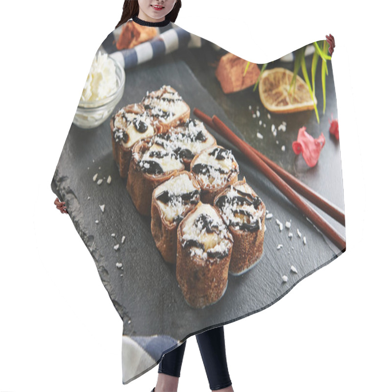 Personality  Sweet Chocolate Maki Sushi Pancake Rolls With Fruits Close Up Hair Cutting Cape