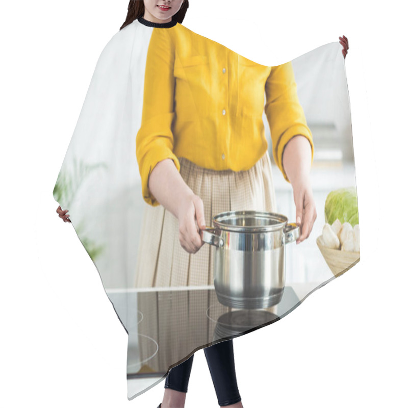 Personality  Cropped Image Of Woman Putting Pan On Electric Stove In Kitchen Hair Cutting Cape