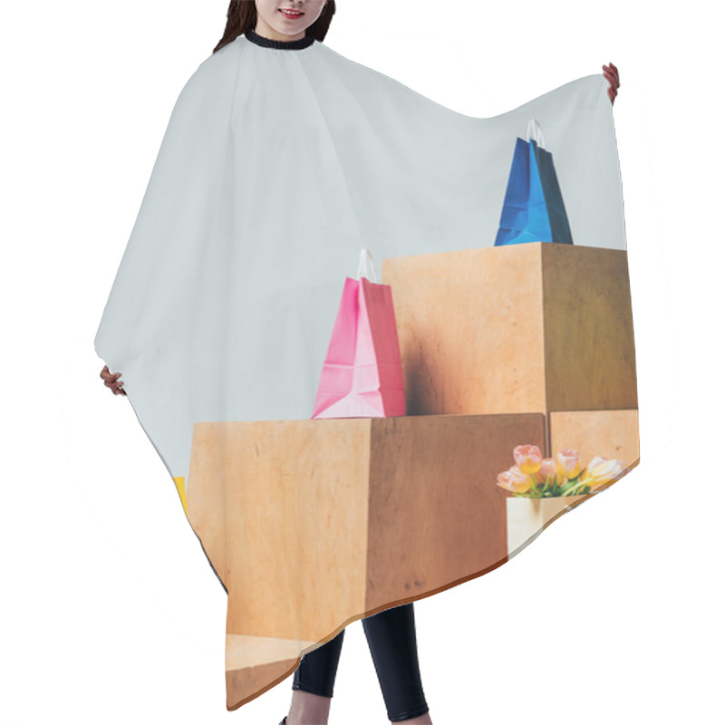 Personality  Colored Shopping Bags And Tulips On Wooden Stands Isolated On White, Summer Sale Concept Hair Cutting Cape