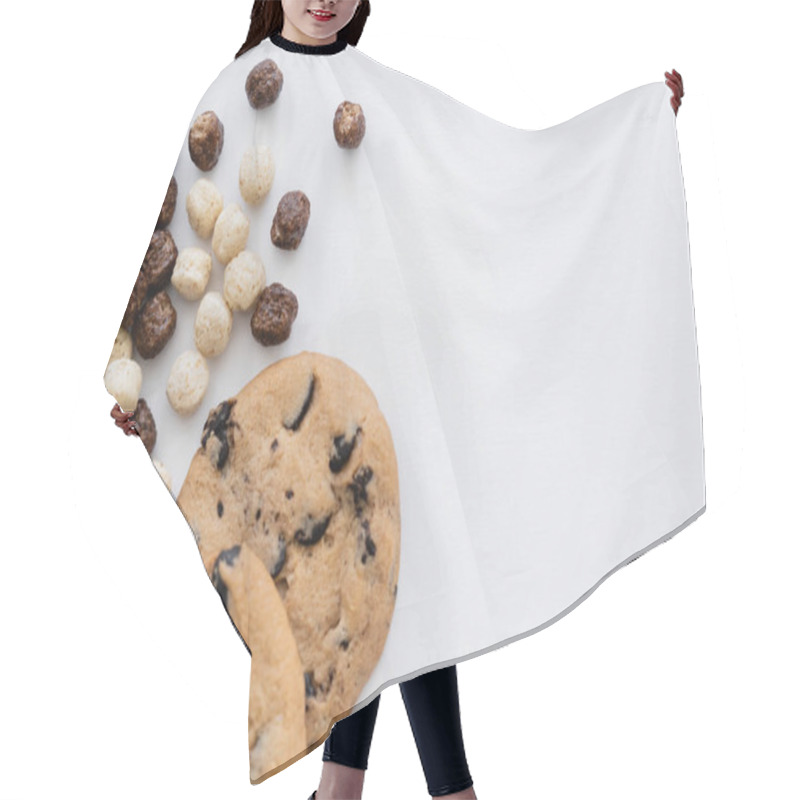 Personality  Top View Of Cereal Balls With Vanilla And Chocolate Flavors Near Tasty Cookies Isolated On White  Hair Cutting Cape