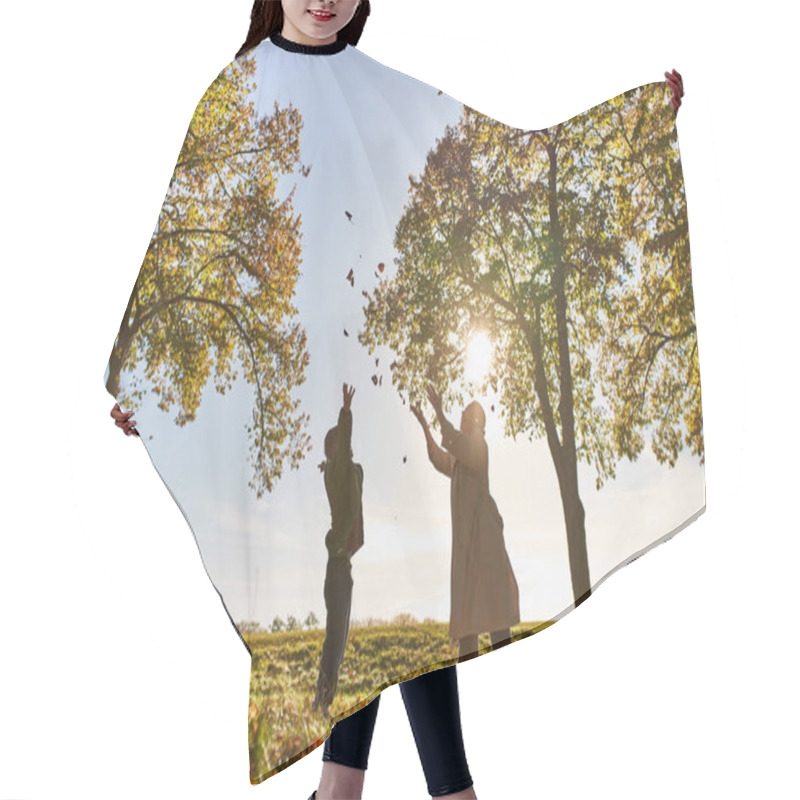 Personality  Silhouette Of Mother And Child Throwing Autumn Leaves, Park, Fall Season, Having Fun, Woman And Boy Hair Cutting Cape