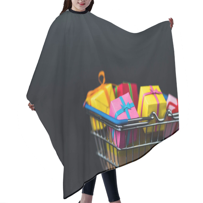 Personality  Selective Focus Of Gift Boxes In Shopping Basket Isolated On Black  Hair Cutting Cape