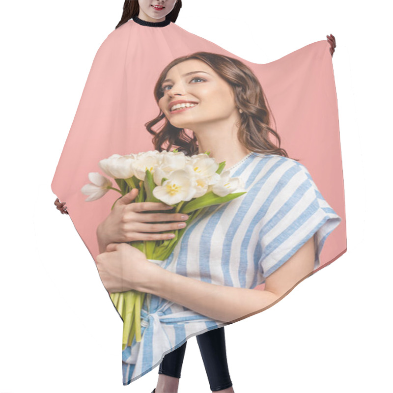 Personality  Happy Girl Looking Up While Holding Bouquet Of White Tulips Isolated On Pink Hair Cutting Cape