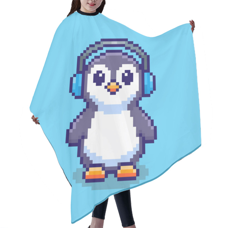 Personality  Vector Illustration Of Penguin With Headphones With Pixel Art Design, Perfect For Game Assets Themed Designs Hair Cutting Cape