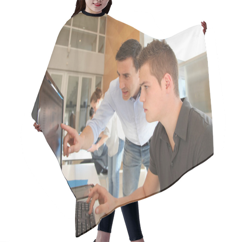 Personality  Teacher And Student Working On Computer Hair Cutting Cape