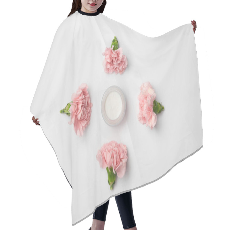 Personality  Flat Lay Of Carnations Flowers In Rhombus Arranging And Cream Container On White Background Hair Cutting Cape