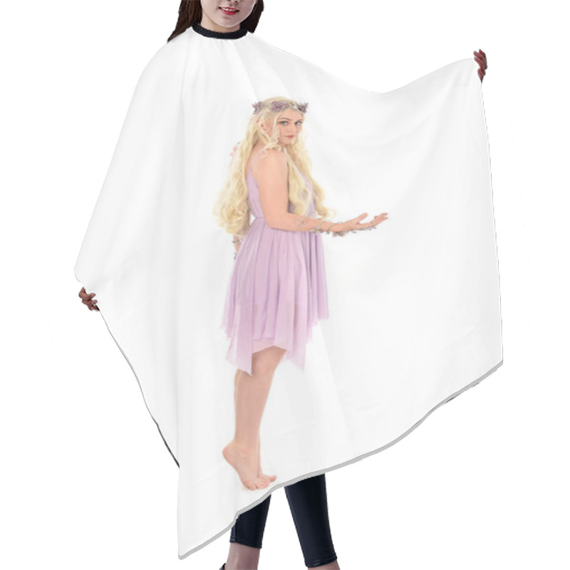 Personality  Full Length Portrait Of Blonde Girl Wearing Purple Fairy Costume. Standing Pose, Isolated On White Studio Background. Hair Cutting Cape