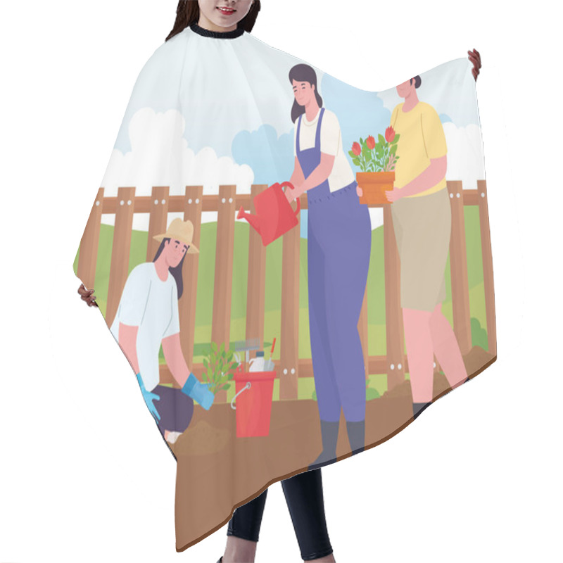 Personality  Gardening Women With Watering Can Tools Bucket And Flowers Pot Vector Design Hair Cutting Cape