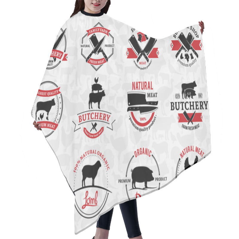 Personality  Butchery Logos, Labels, And Design Elements. Farm Animals Silhouettes And Icons Hair Cutting Cape