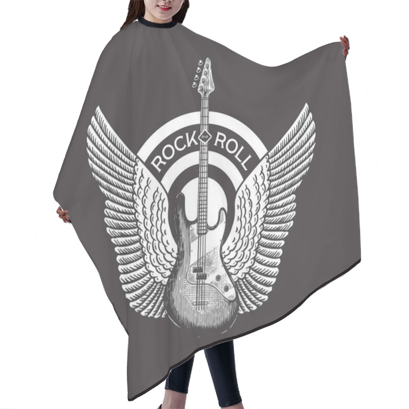 Personality  Guitar With Angel Wings. Hand Drawn Grunge Sketch With A Tattoo Or T-shirt Or Woodcut. Rock Concept. Vintage Vector Illustration For Poster Or Banner. Hair Cutting Cape