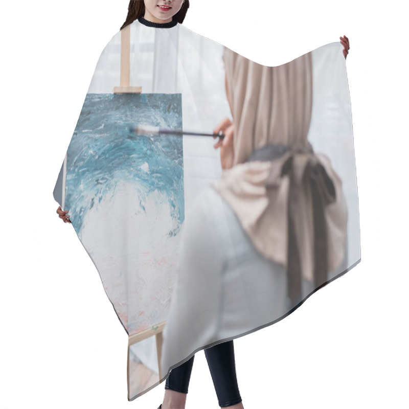 Personality  Back View Of Blurred Muslim Woman Drawing Picture At Home Hair Cutting Cape