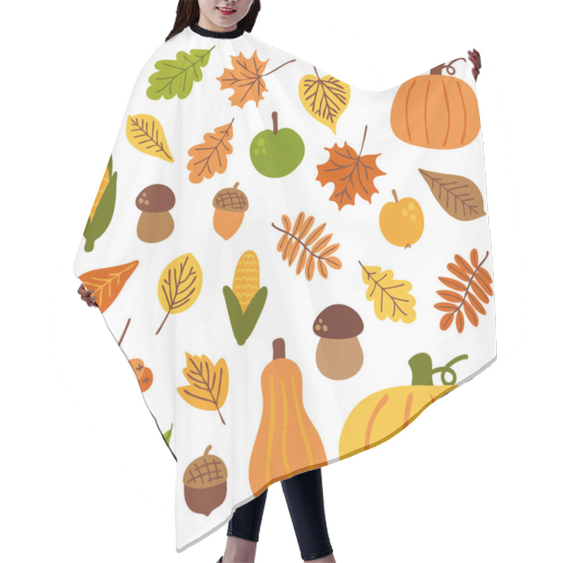 Personality  Doodle Set With Autumn Elements. Pumpkins, Apples, Leaves, Mushrooms, Corn. Vector Design Elements For Stickers, Posters, Postcards. Hair Cutting Cape