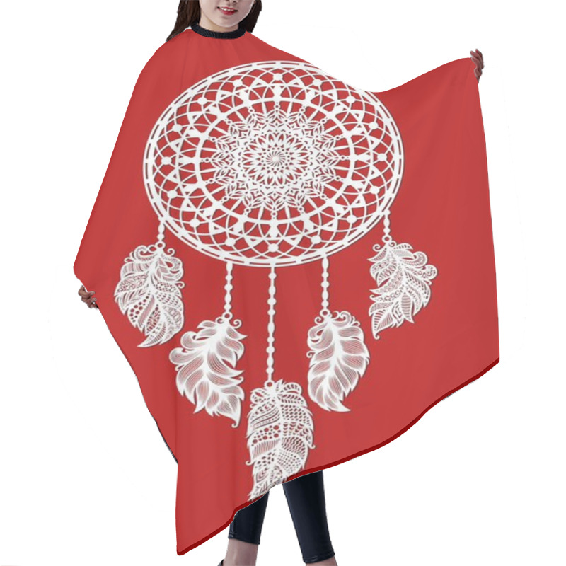 Personality  Decorative Dream Catcher. Indian Traditional Amulet Against Evil Spirits. Round Openwork Element Decorated With Feathers. Template For Plotter Laser Cutting Of Paper, Metal Engraving, Wood Carving. Hair Cutting Cape