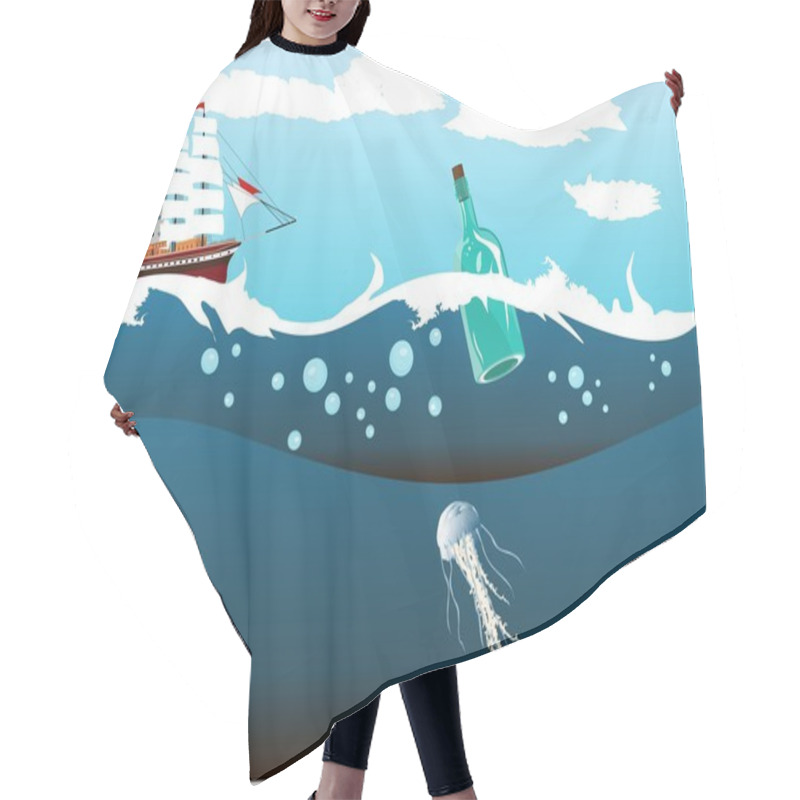 Personality  Ship With White Sails Running In The Ocean Waves, Underwater World, Sea Depth. Hair Cutting Cape