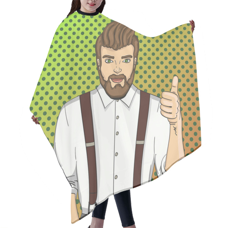 Personality  Pop Art Vector. Advertising Of Beauty Salon, Hairdresser, Barbershop. Model, Guy, Beard, Haircut, Clothes And Suspenders. Hair Cutting Cape