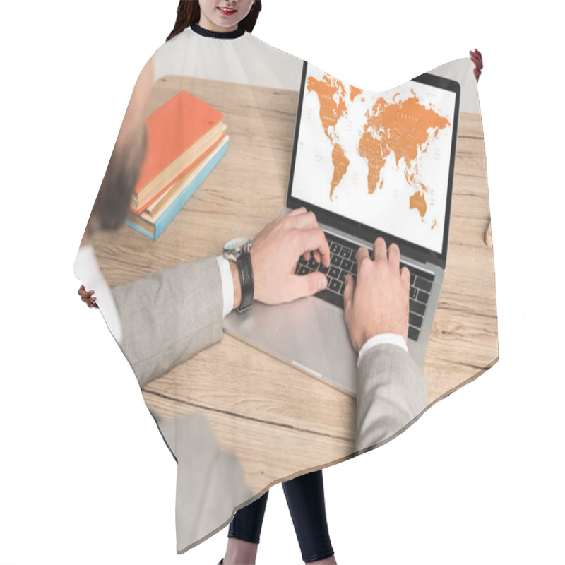 Personality  Cropped View Of Businessman Using Laptop With World Map On Screen Isolated On Grey Hair Cutting Cape