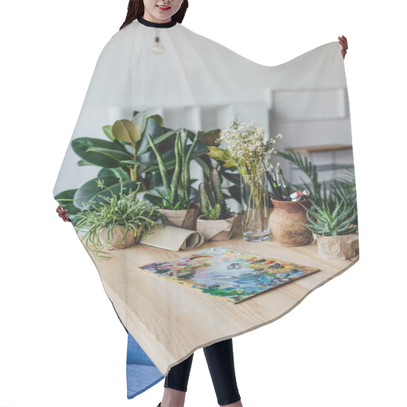 Personality  Green Plants With Art Supplies On Table Hair Cutting Cape