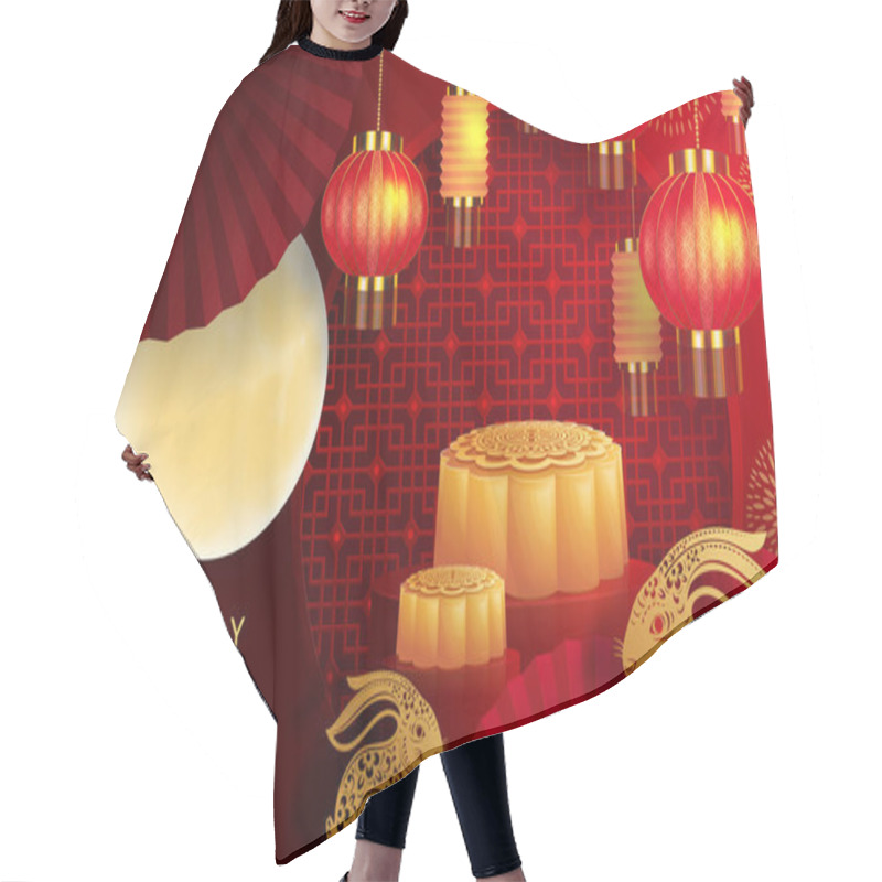 Personality  Mid Autumn Festival With Rabbit And Moon, Mooncake ,flower,chinese Lanterns With Gold Paper Cut Style On Color Background. ( Chinese Translation : Mid Autumn Festival ) Hair Cutting Cape