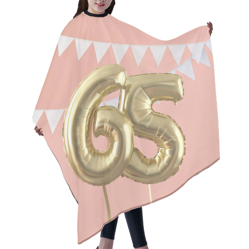 Personality  Happy 65th Birthday Party Celebration Gold Balloon And Bunting. 3D Render Hair Cutting Cape