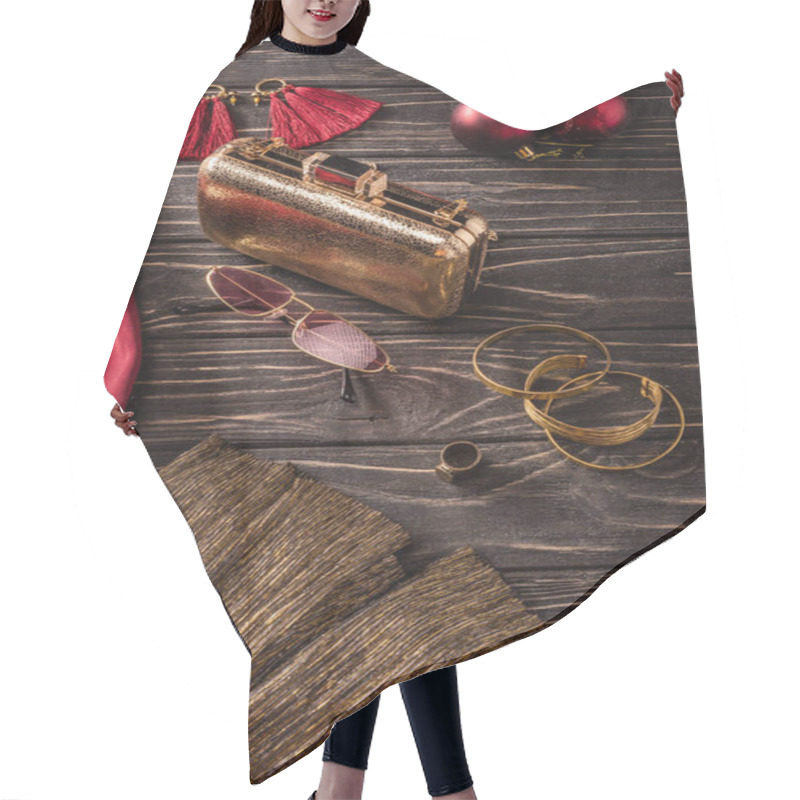 Personality  Close Up View Of Red And Golden Feminine Accessories On Wooden Surface Hair Cutting Cape