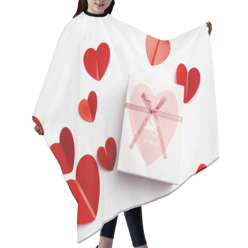 Personality  Greeting Card For Valentine's Day. Envelopes On A White Background And Red Plastic Hearts. Hair Cutting Cape