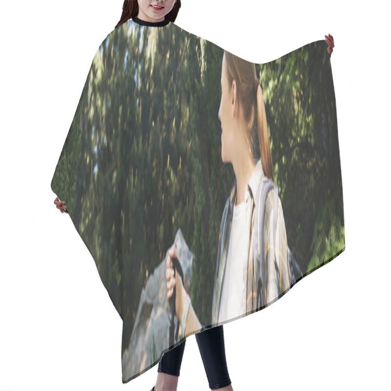 Personality  A Young Woman Hikes Through A Dense Forest, Enjoying A Sunny Summer Day. Hair Cutting Cape