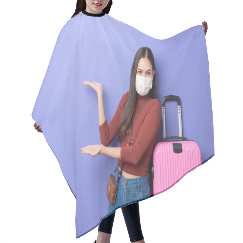 Personality  Portrait Of Young Traveler Woman With Face Mask , New Normal Travel Concept  Hair Cutting Cape