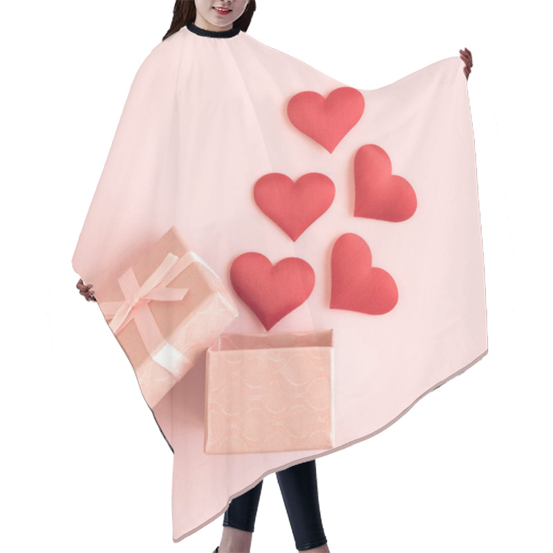 Personality  Flat Lay Of Gift Box And Hearts Against Pastel Pink Background. Hair Cutting Cape