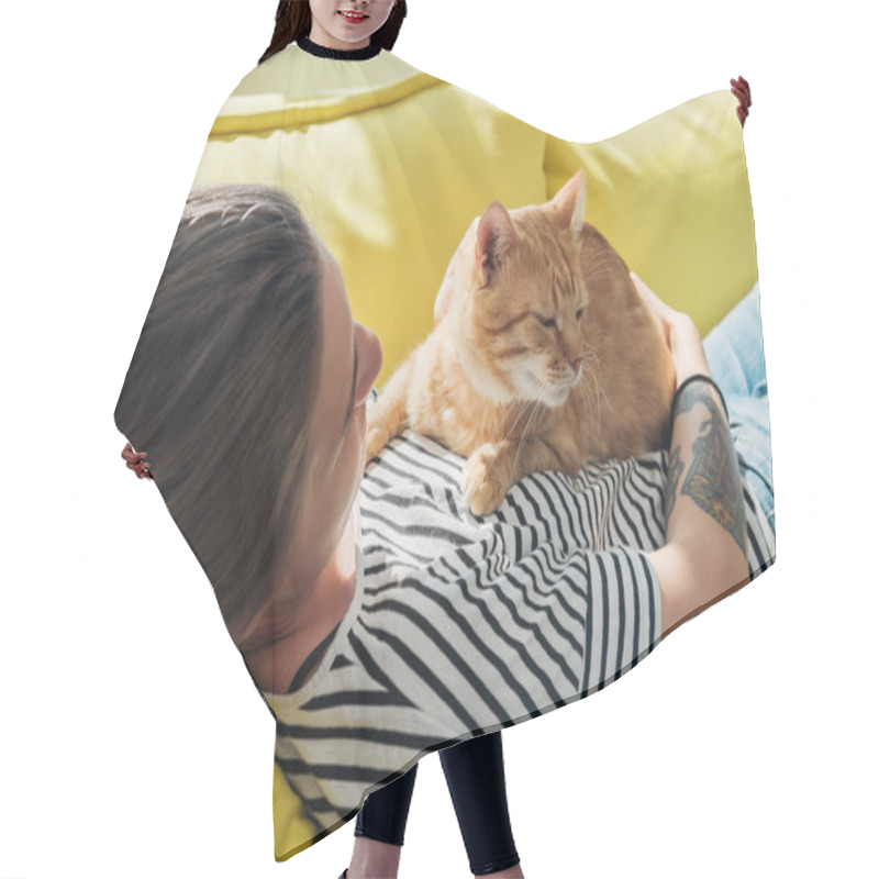 Personality  Young Woman Holding Cute Red Cat And Lying On Yellow Couch Hair Cutting Cape