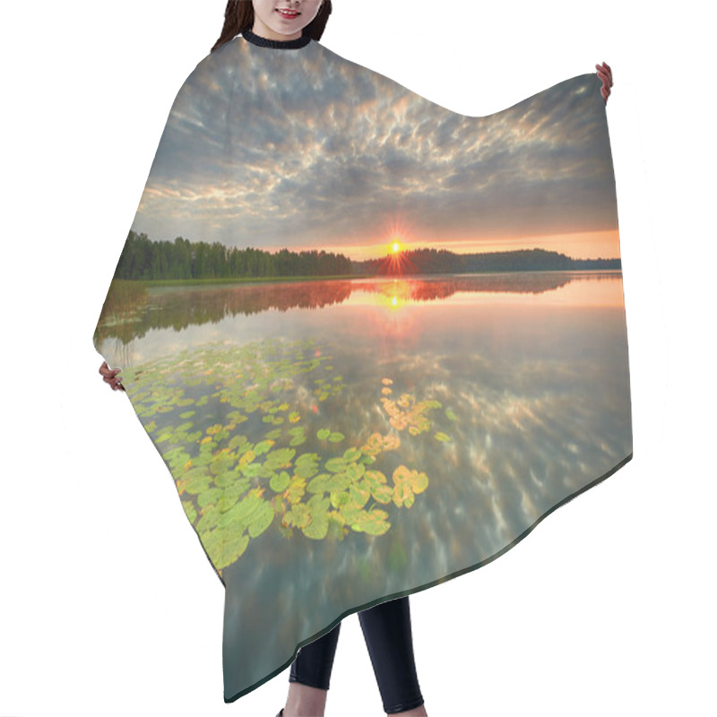 Personality  Beautiful Sunrise Over Lake Covered With Water Lily Hair Cutting Cape