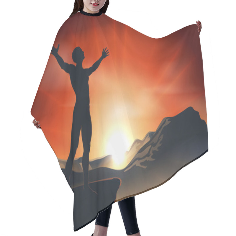 Personality  Man On Mountaintop With Arms Out Hair Cutting Cape