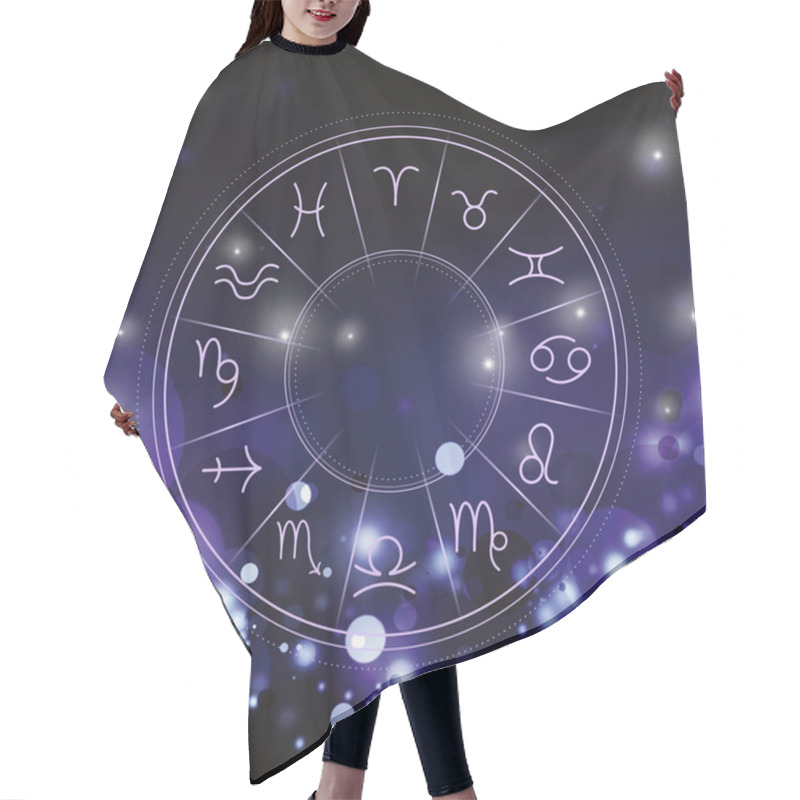 Personality  Illustration Of Zodiac Wheel With Astrological Signs On Dark Background. Bokeh Effect Hair Cutting Cape