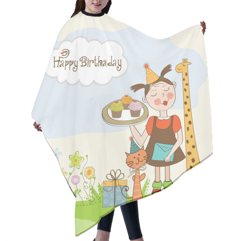 Personality  Happy Birthday Card With Funny Girl, Animals And Cupcakes Hair Cutting Cape