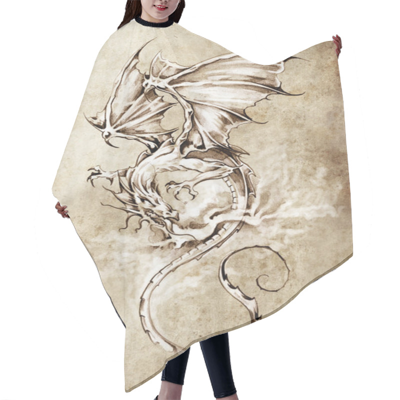 Personality  Sketch Of Tattoo Art, Classic Dragon Illustration Hair Cutting Cape