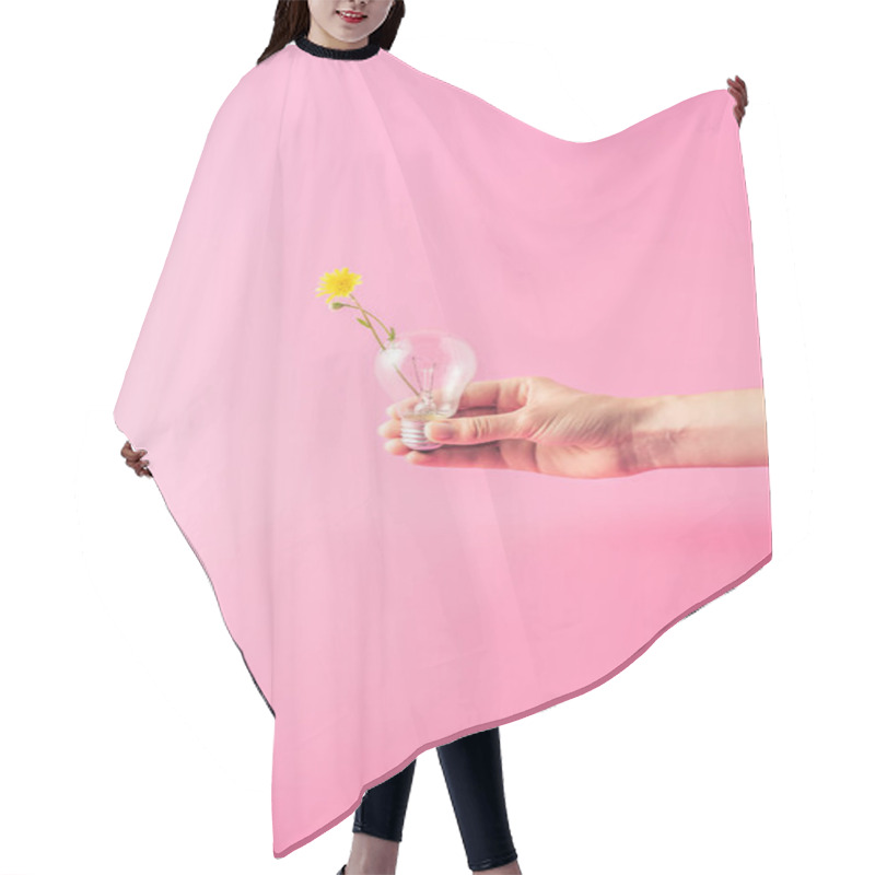 Personality  Cropped Shot Of Person Holding Light Bulb With Yellow Flower Isolated On Pink Hair Cutting Cape