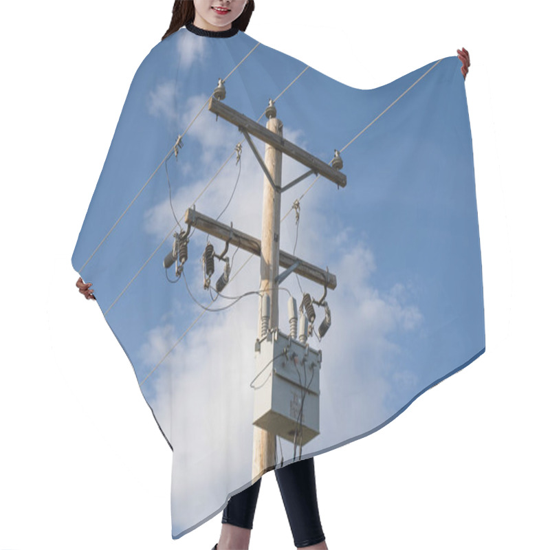 Personality  A Wooden Power Pole And Transformer With Communication And Transmission Lines Under A Blue Sky Background. Hair Cutting Cape