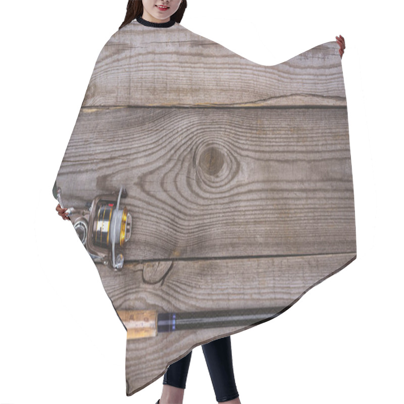 Personality  Top View Of Fishing Rod On Wooden Planks, Minimalistic Concept  Hair Cutting Cape