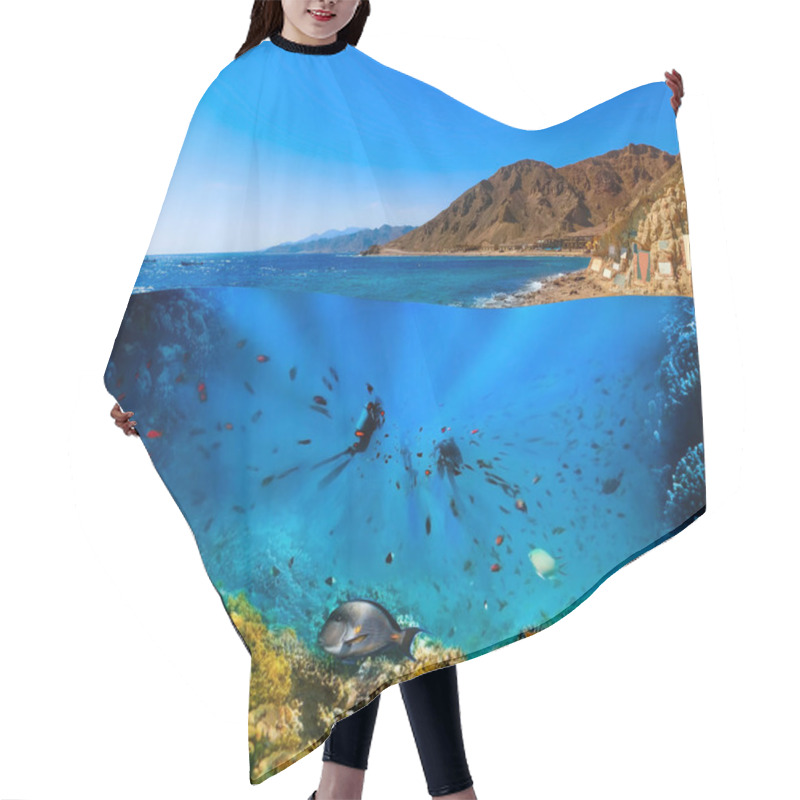 Personality  Scuba Diver Over Underwater Canyon At Blue Hole At Dahab, Egypt. Collage With Coral And Fish Hair Cutting Cape