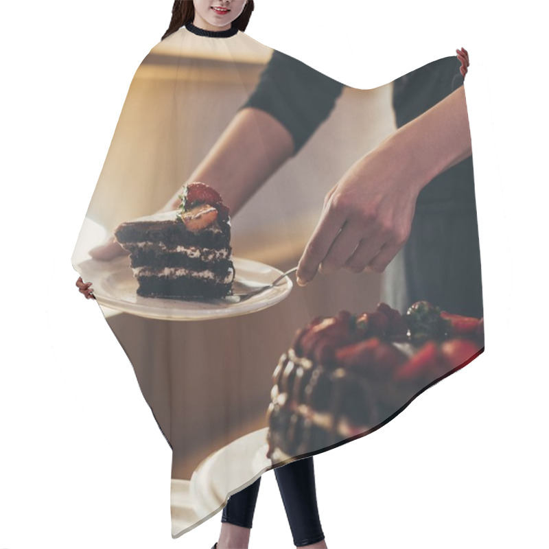 Personality  Woman Putting Piece Of Cake On Plate Hair Cutting Cape